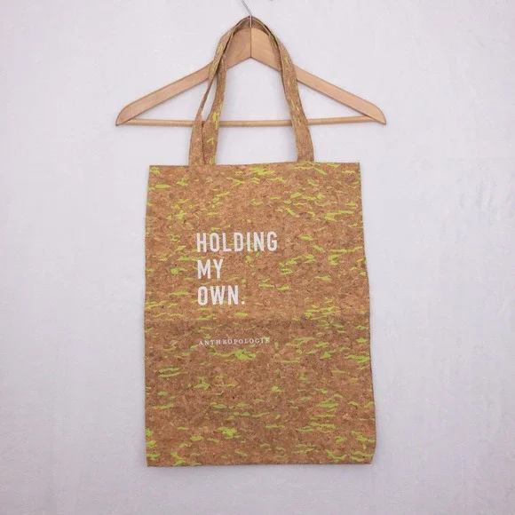 Anthropologie Tote Bag Women OS Brown Neon Green Cork Holding My Own Graphic - Picture 1 of 9